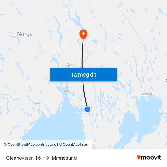 Glenneveien 16 to Minnesund map