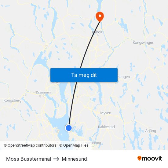 Moss Bussterminal to Minnesund map