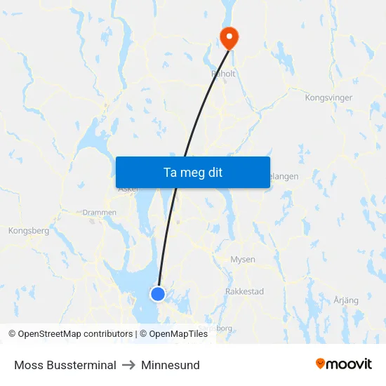 Moss Bussterminal to Minnesund map