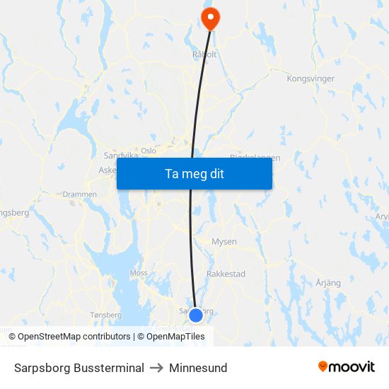 Sarpsborg Bussterminal to Minnesund map