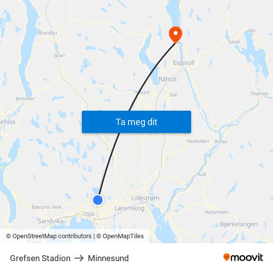 Grefsen Stadion to Minnesund map