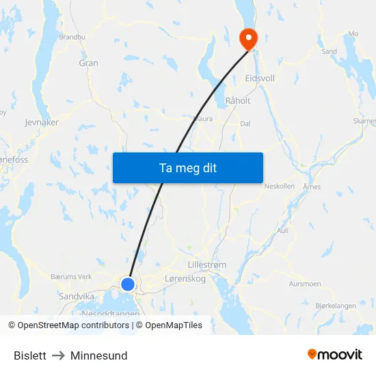 Bislett to Minnesund map