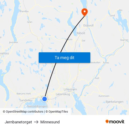 Jernbanetorget to Minnesund map