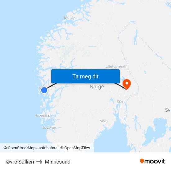 Øvre Sollien to Minnesund map