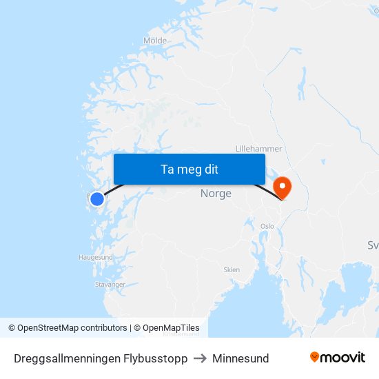 Dreggsallmenningen Flybusstopp to Minnesund map