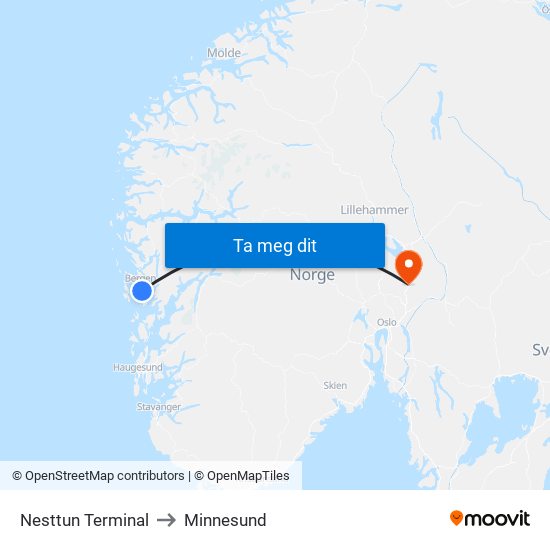 Nesttun Terminal to Minnesund map