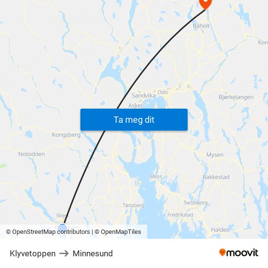 Klyvetoppen to Minnesund map