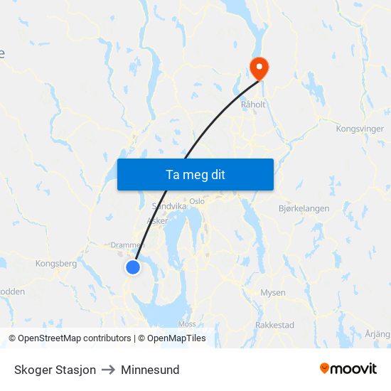 Skoger Stasjon to Minnesund map
