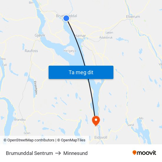 Brumunddal Sentrum to Minnesund map