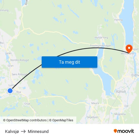 Kalvsjø to Minnesund map