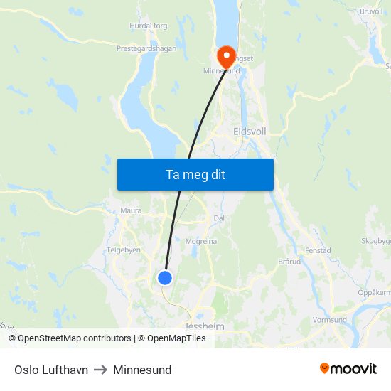 Oslo Lufthavn to Minnesund map