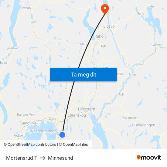 Mortensrud T to Minnesund map