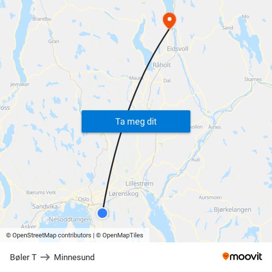 Bøler T to Minnesund map