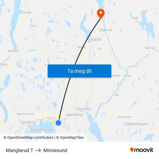 Manglerud T to Minnesund map