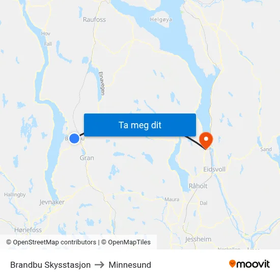 Brandbu Skysstasjon to Minnesund map