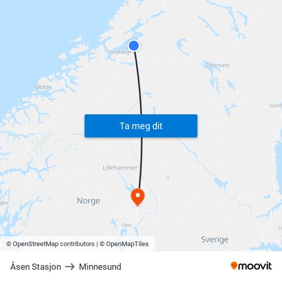 Åsen Stasjon to Minnesund map