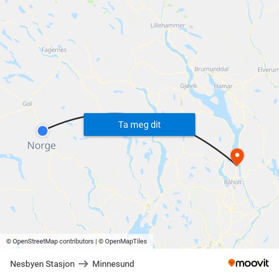 Nesbyen Stasjon to Minnesund map
