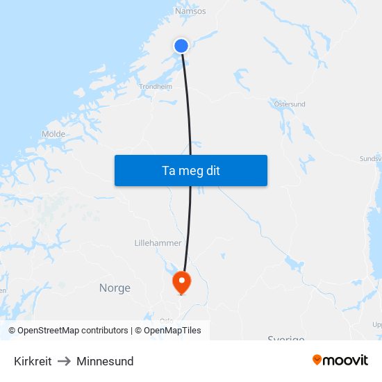 Kirkreit to Minnesund map