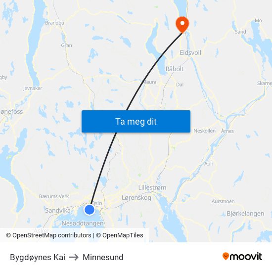 Bygdøynes Kai to Minnesund map
