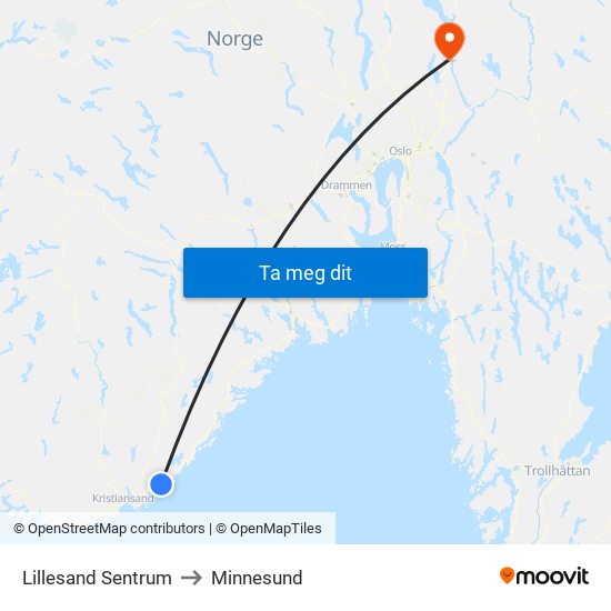 Lillesand Sentrum to Minnesund map