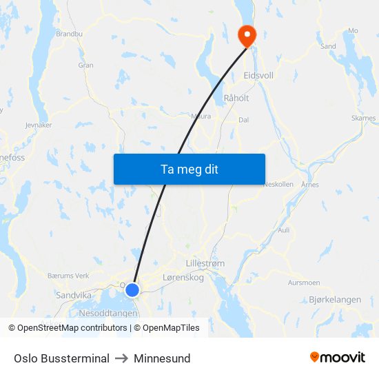 Oslo Bussterminal to Minnesund map