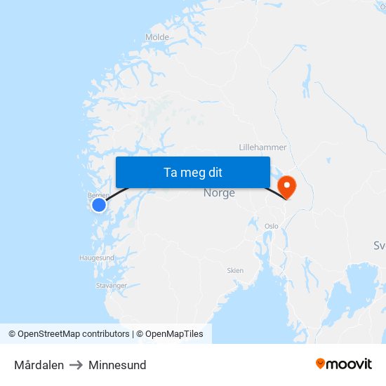 Mårdalen to Minnesund map