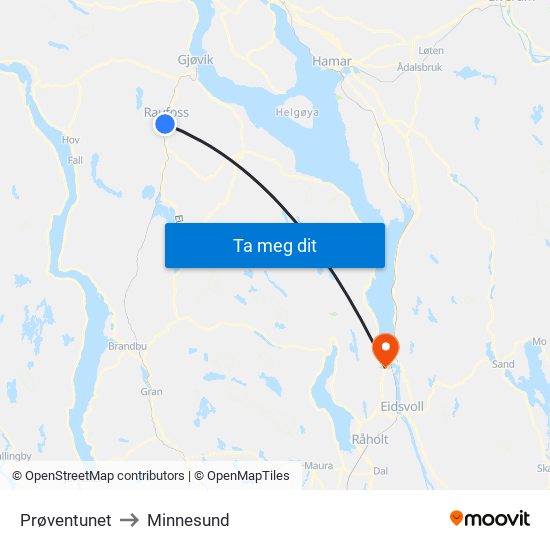 Prøventunet to Minnesund map