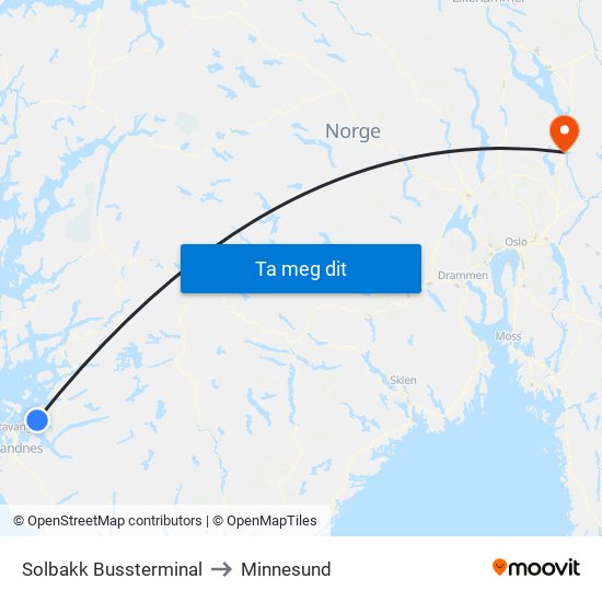 Solbakk Bussterminal to Minnesund map