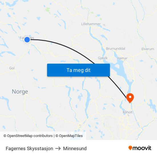 Fagernes Skysstasjon to Minnesund map