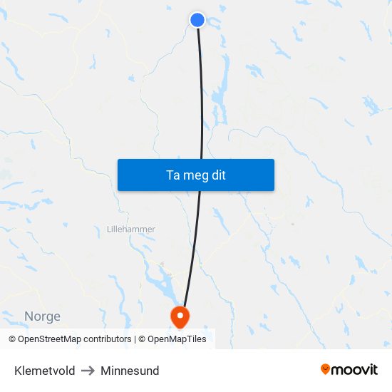 Klemetvold to Minnesund map