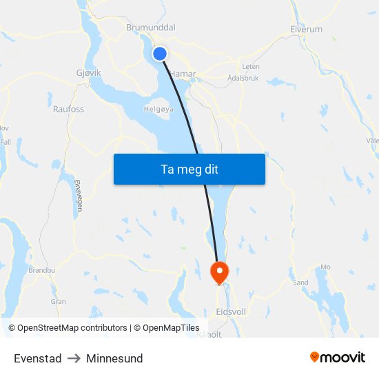 Evenstad to Minnesund map