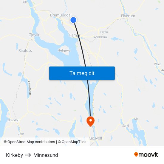 Kirkeby to Minnesund map