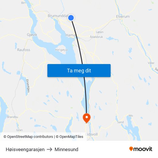 Høisveengarasjen to Minnesund map