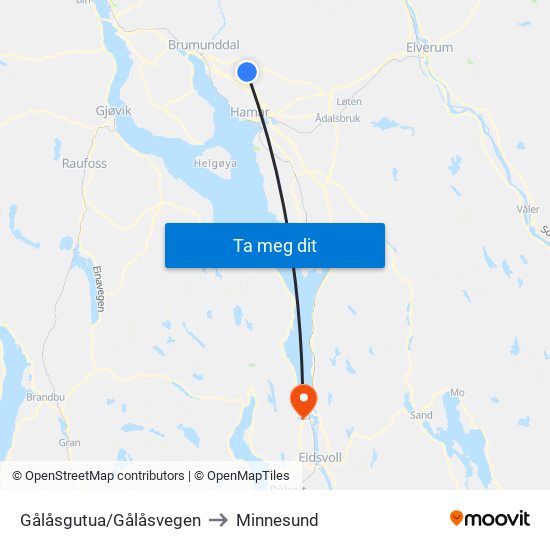 Gålåsgutua/Gålåsvegen to Minnesund map