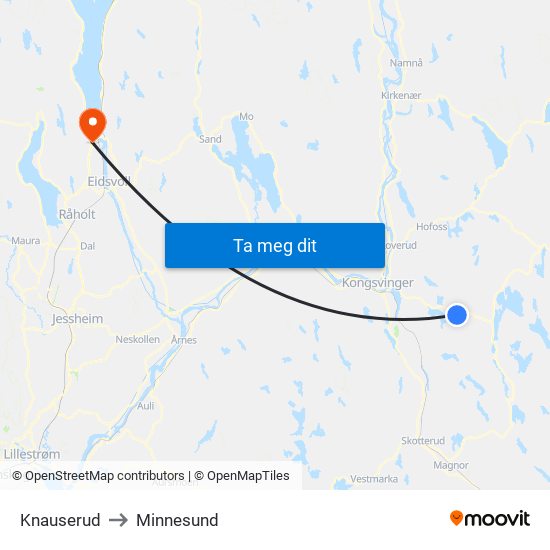 Knauserud to Minnesund map