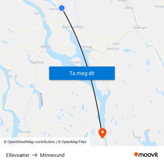 Ellevsæter to Minnesund map