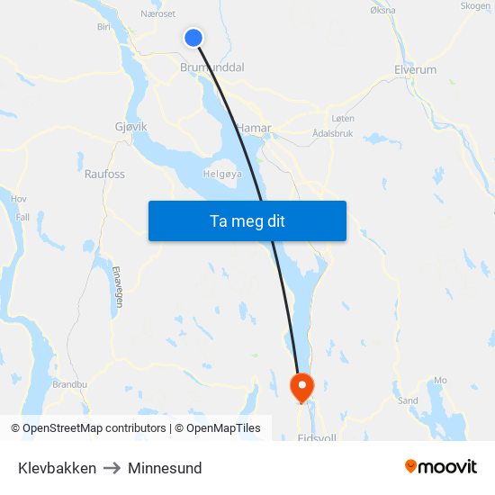 Klevbakken to Minnesund map