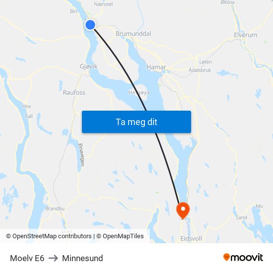 Moelv E6 to Minnesund map