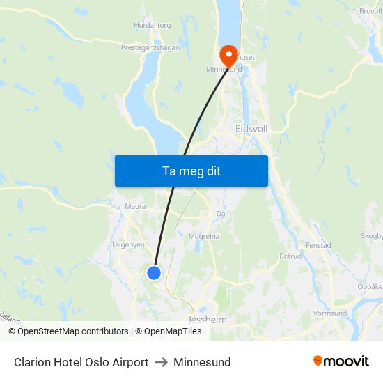 Clarion Hotel Oslo Airport to Minnesund map