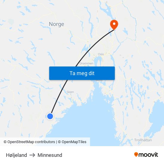 Høljeland to Minnesund map