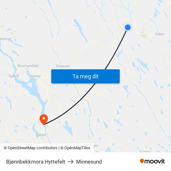 Bjønnbekkmora Hyttefelt to Minnesund map