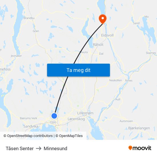 Tåsen Senter to Minnesund map