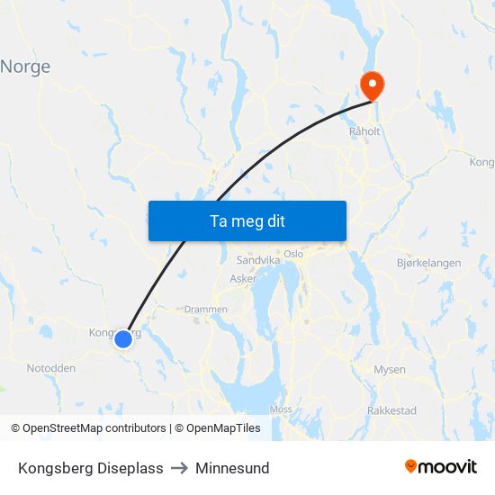 Kongsberg Diseplass to Minnesund map