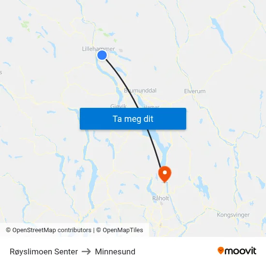 Røyslimoen Senter to Minnesund map