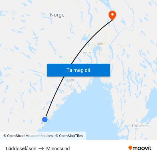 Løddesølåsen to Minnesund map