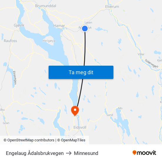 Engelaug Ådalsbrukvegen to Minnesund map