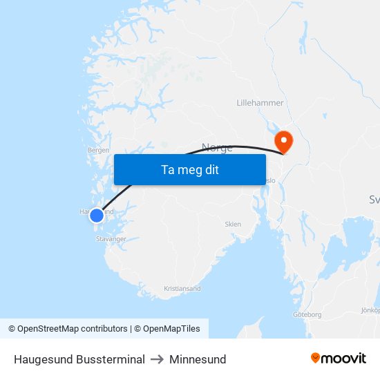 Haugesund Bussterminal to Minnesund map
