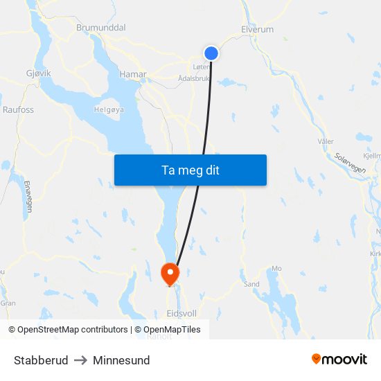 Stabberud to Minnesund map