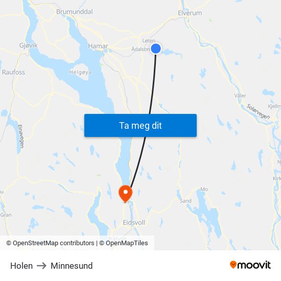 Holen to Minnesund map