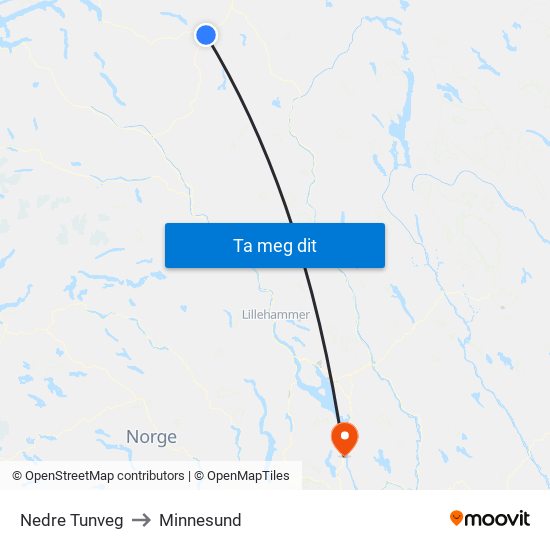 Nedre Tunveg to Minnesund map